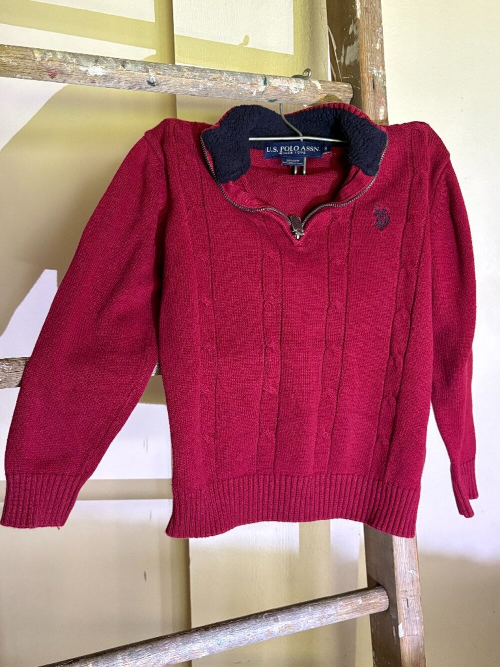 US Polo Assn Burgundy 1/4 Zip Cable Knit Sweater Fleece Neck Size S Cotton